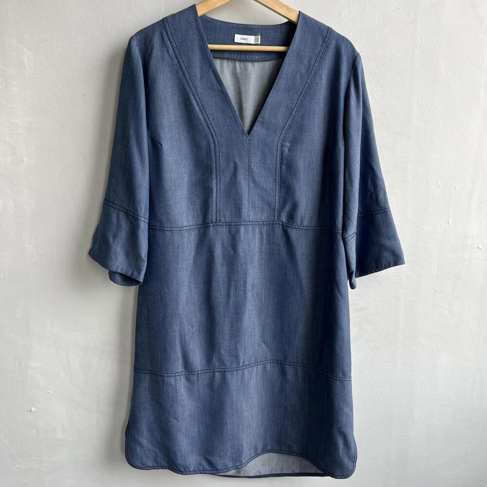 Vince Women’s Chambray Shift Dress L Blue V-Neck Minimalist Blue Denim Style